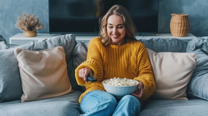 Obraz premium Woman Enjoying Movie Night at Home