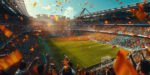 A stadium full of people are cheering and holding orange flags