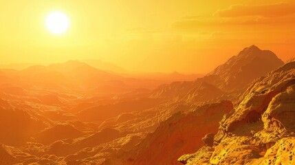 Obraz premium Panoramic view of colorful sunrise or sunset in mountains. Beautiful sky and rocks. Aerial view. Prehistoric earth. Ai-generated.