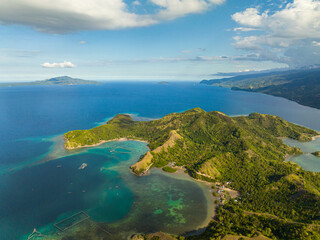 Aerial view of Sleeping Dinosaur Island in Mati, Davao Oriental. Philippines.