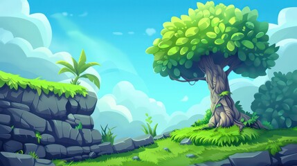 amazing landscape children&acute;s illustration with one highlighted tree and dream like surroundings