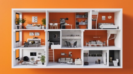 cross section of an modern apartment isolated orange background