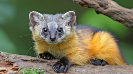 A close-up of a small animal on a tree branch with a blurred background behind it
