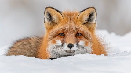   A fox, nose touched by snow, gazes sadly into the camera