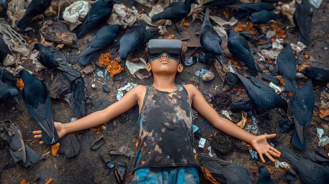 Virtual Escape: Child with VR Headset Amongst Pigeons in Dharavi Slum