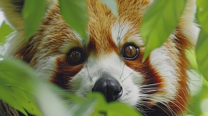 Obraz premium A brown-and-white animal peers from behind a green tree, eyes expressively open