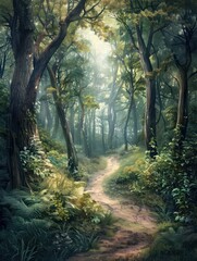 Obraz premium walking path illustration on a forest with big trees and an ethereal atmosphere