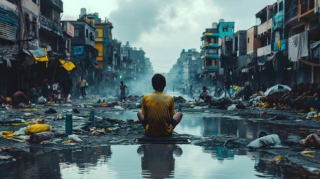 Solitude Amidst Desolation: Man Meditating in Dharavi Slum