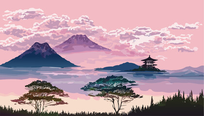 Sunset over the Japanese mountains, landscape