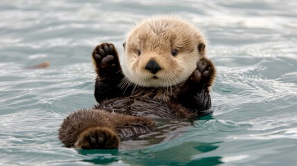   A tight shot of a sea otter in water, paws touching the surface