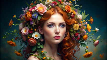 woman with flowers in her ginger hair
