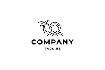 summer beach abstract linear logo design with waves, sun and palm trees elements