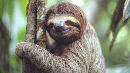  A three-toed sloth hangs from a tree in a forest, exposing its open mouth and extended tongue