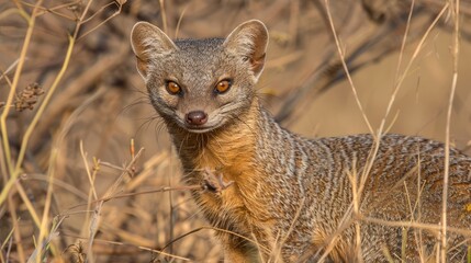   A tight shot of a small creature in a sea of towering grasses and parched blades, the backdrop softly out of focus