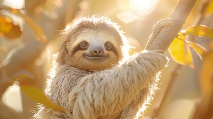 Naklejka premium A sloth up close on a tree branch, sun filters through overhanging leaves, backdrop softly blurred