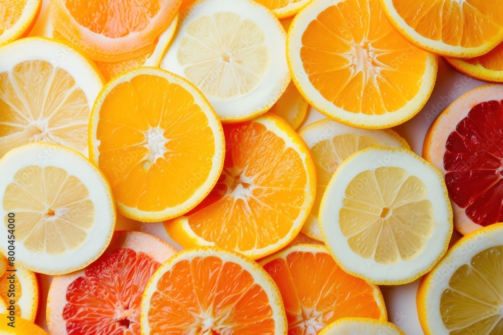 Poster a close up of many oranges and grapefruits. the oranges are sliced and arranged in a pattern