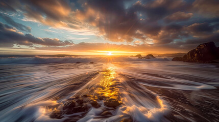 rocky shore with  long exposure at sunset