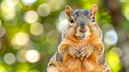 Fototapeta premium A squirrel on hind legs, front paws on chest, gazing at the camera