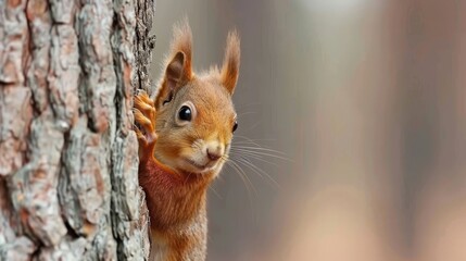   A tight shot of a squirrel by a tree, its face emerging from the trunk