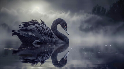 black swan reflected in lake mist at night