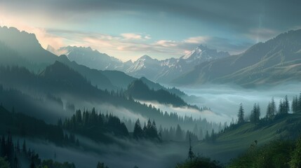 A serene mountain landscape at sunrise, with mist rolling over the peaks.