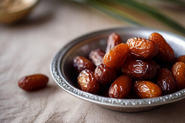 Dried dates in silver bowl. Ramadan, islamic religion concept.