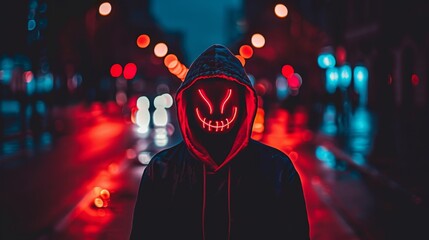   A person clad in a hoodie features a painted fright mask in the deserted street at night