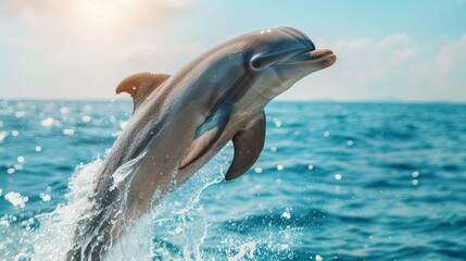   A dolphin leaps from the water, its mouth agape and head prominent