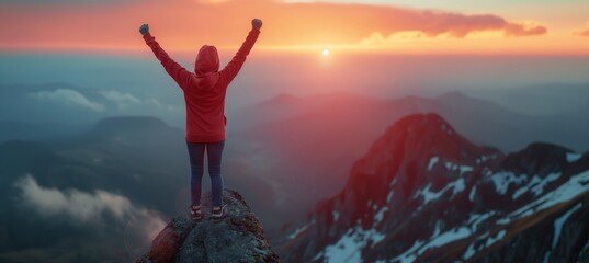 Triumphantly celebrating success at sunset, a young woman in a hoodie is depicted with raised arms on a mountain peak in a panoramic banner.