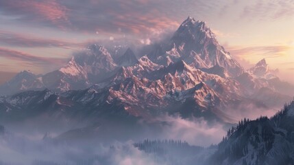 A serene mountain landscape at sunrise, with mist rolling over the peaks.