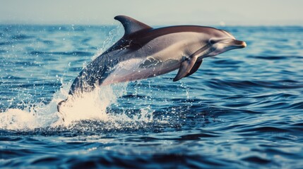 Fototapeta premium A dolphin leaps from the water, its mouth agape and head clear of the surface