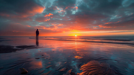 person standing quietly watching the sunset reflected in the shore