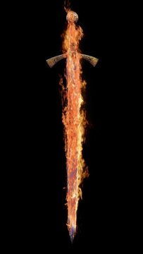 Vertical Flaming Sword on Black Background 4K Loop  features a broadsword suspended in a black atmosphere with flames crawling up the blade in a vertical ratio loop.