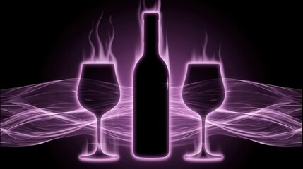   Three wine glasses and a bottle of wine against a black backdrop; a purple swirl surrounds the scene