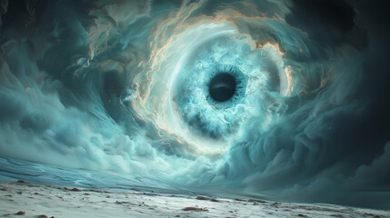 Giant eye amidst swirling storm clouds in a surreal landscape.