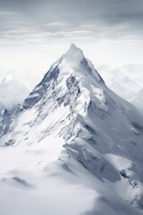 A snow covered mountain with a peak that is pointed. The mountain is very tall and the snow is very white