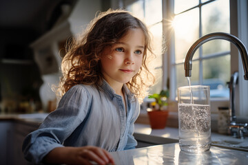 Water saving or waste concept in domestic use. Ten years old girl with a glass of water, looking at kitchen faucet at home.