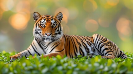   A tight shot of a tiger reclining in a sea of grass Surrounding background blurred with trees and shrubs