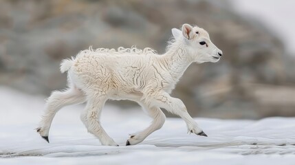   A tight shot of a baby goat trotting on a snowy terrain, surrounded by towering mountains in the background