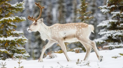   A deer traverses a wooded landscape, antlers adorned, amidst falling snow that blankets the forest floor and tree-laden backdrop