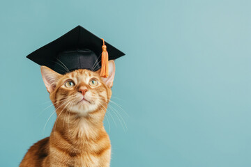Orange young cat in black graduation cap, looking to the top, on solid blue background with place for text. Graduation ceremony, prom, education concept.
