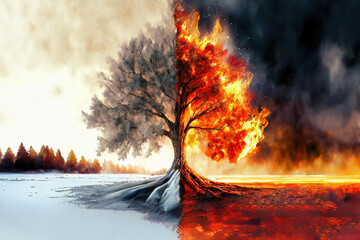 tree, half on fire, half frozen; global warming, environmental change, ecological concept