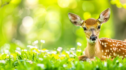   A young deer lies in the grass, gazing at the camera with its head turned sideways The backdrop is slightly blurred, featuring trees and white flowers in the foreground