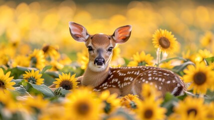   A deer in a sunflower field, gazelle in foreground gazes at camera
