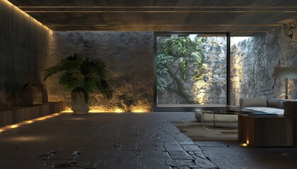 amazing modern living room with stone walls and wooden elements, very spacious and contemporary raw aesthetics