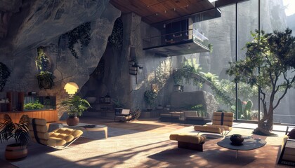 amazing modern living room with stone walls and wooden elements, very spacious and contemporary raw aesthetics