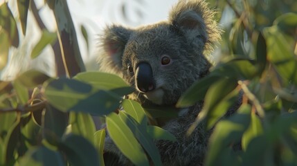   A tight shot of a koala in a tree gazing at the camera with a melancholic expression