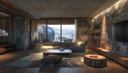 amazing modern living room with stone walls and wooden elements, very spacious and contemporary raw aesthetics
