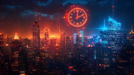 Neon colored clock face with a sky scraper cityscape.