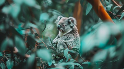 Fototapeta premium A koala atop a verdant tree amidst a lush forest, surrounded by numerous green leaves
